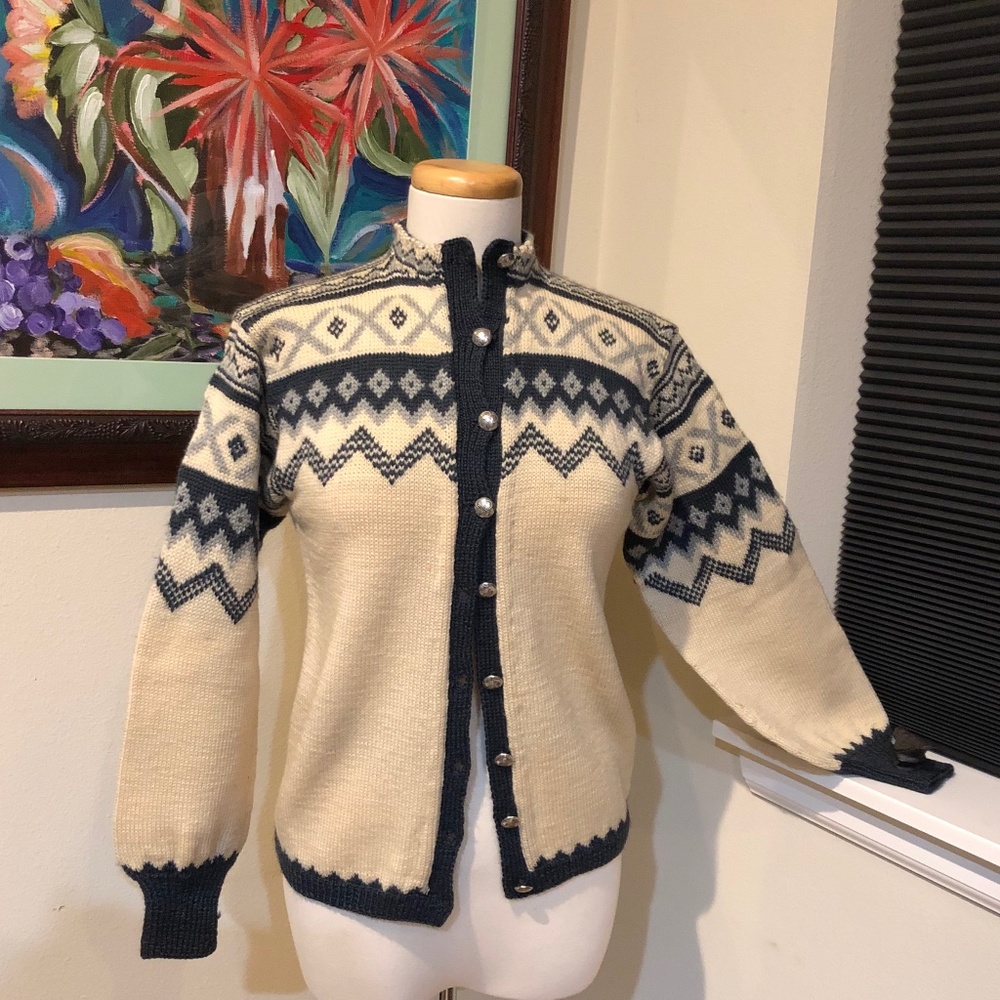 Vtg. Wm. Schmidt Norwegian Cardigan Sweater Natural White & Grey - Sz. S